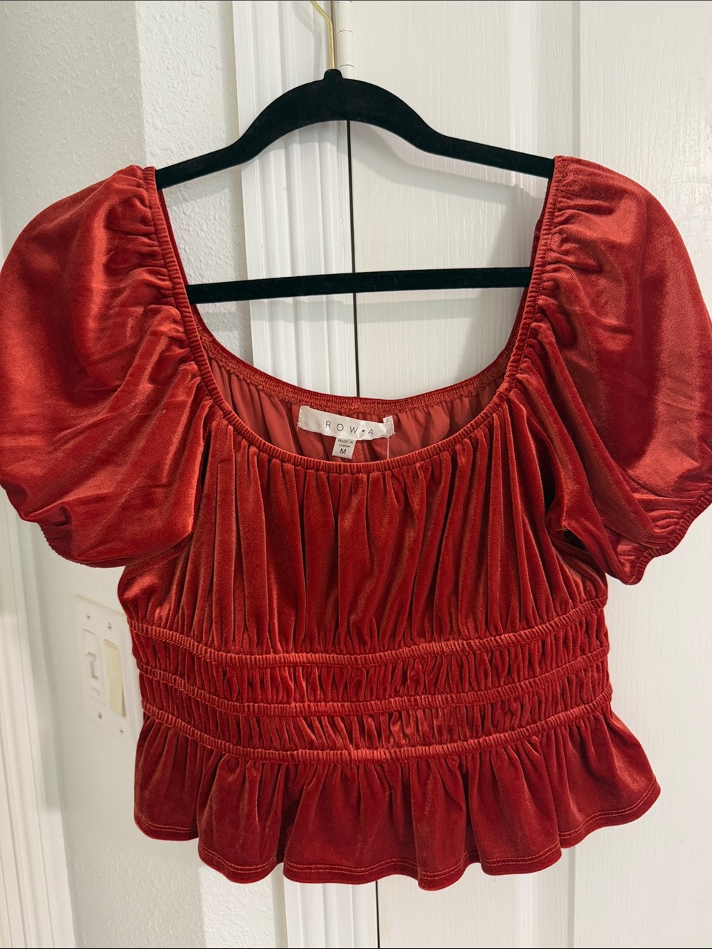 Row A Red Velvet Puff-Sleeve Smocked Peplum Top